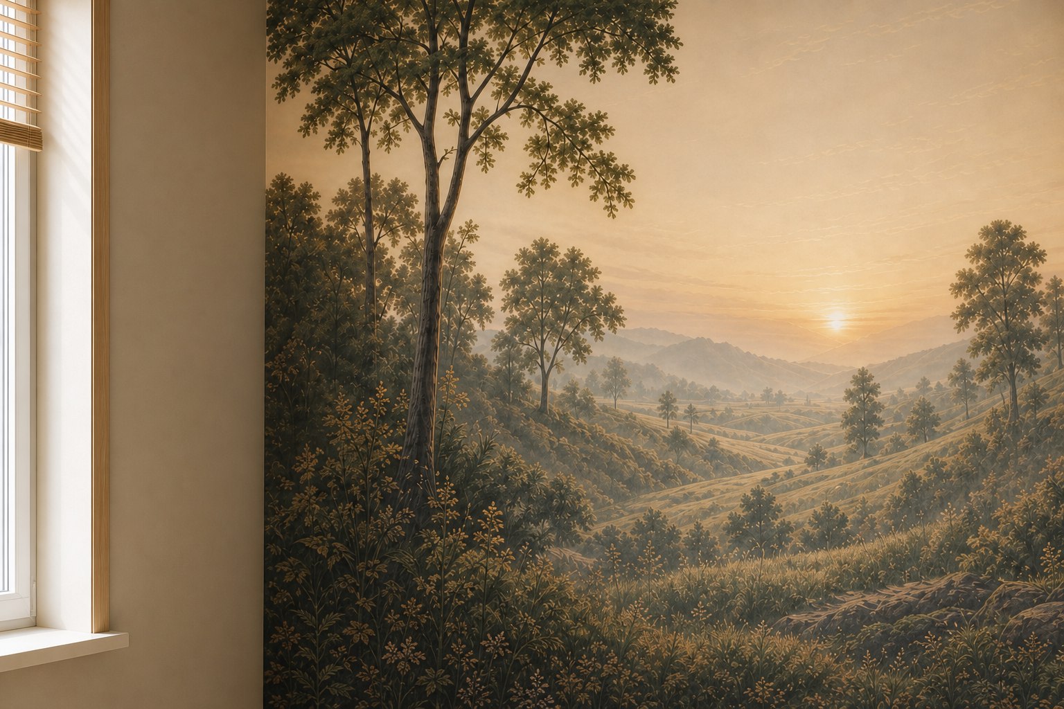 Detail van naadloos natuurfotobehang met een warm boslandschap op een kinderkamerwand
