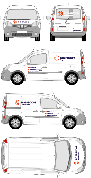 Ontwerpvoorstel voor de autobelettering van Boerboom Traprenovatie met verschillende aanzichten