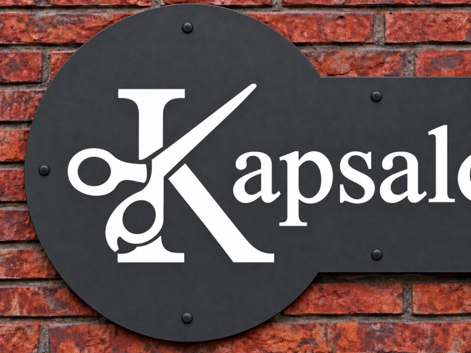 Detail van het witte K- en schaarlogo op het zwarte gevelbord van Kapsalon Kingma